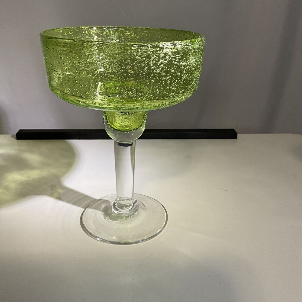 Hand Blown Margarita Glass 7" 16 Oz Stemmed Lime Green Bubbles